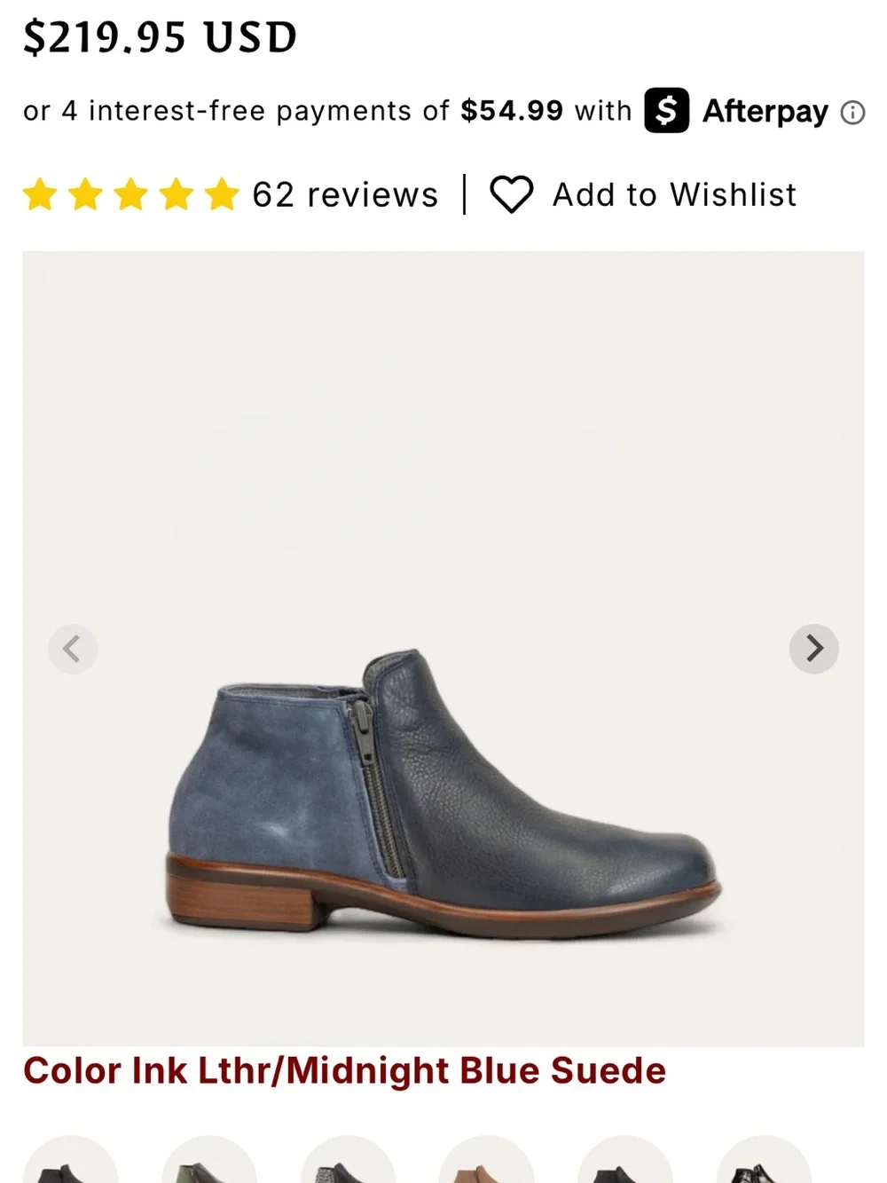 Naot Women's Navy Leather & Suede Ankle Booties with Side Zipper.